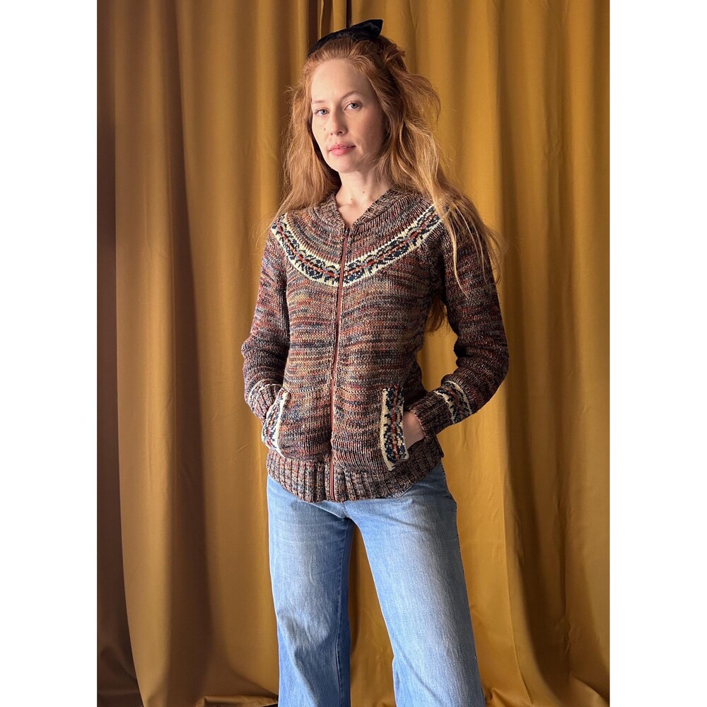 Vintage 70s Space Dyed Fair Isle Zip Up Cardigan Sweater, Small